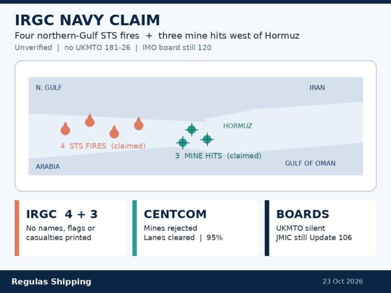 IRGC Navy claims four Gulf STS fires and three mine hits west of Hormuz