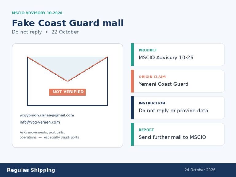 MSCIO Advisory 10-26 flags fake Yemeni Coast Guard emails