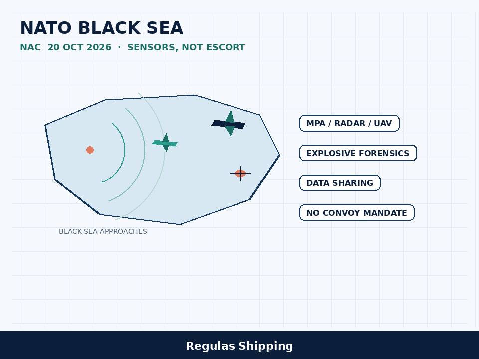 Light-theme chart of NATO Black Sea surveillance assets after the 20 October North Atlantic Council session. Regulas Shipping.