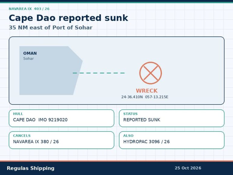 NAVAREA IX 403-26 records Cape Dao sunk 35 NM east of Sohar