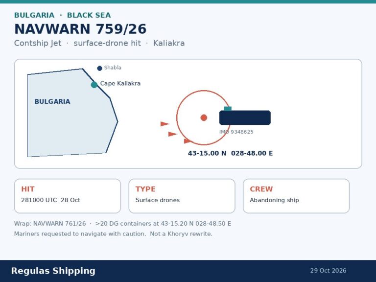 NAVWARN 759-26 records a surface-drone hit on Contship Jet off Kaliakra
