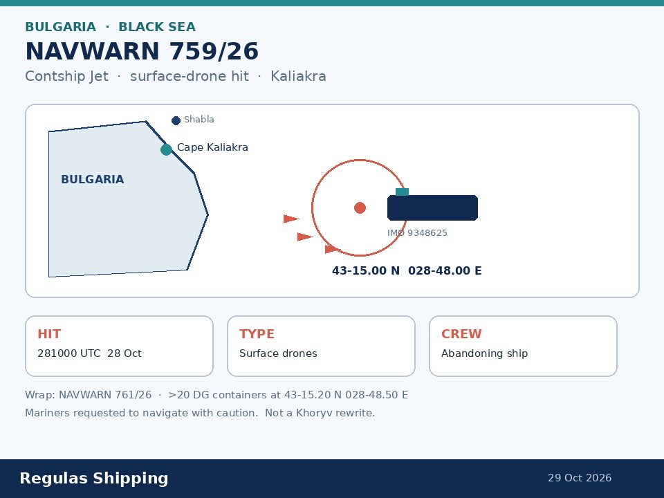 Light-theme chart of NAVWARN 759/26 Contship Jet surface-drone hit southeast of Cape Kaliakra