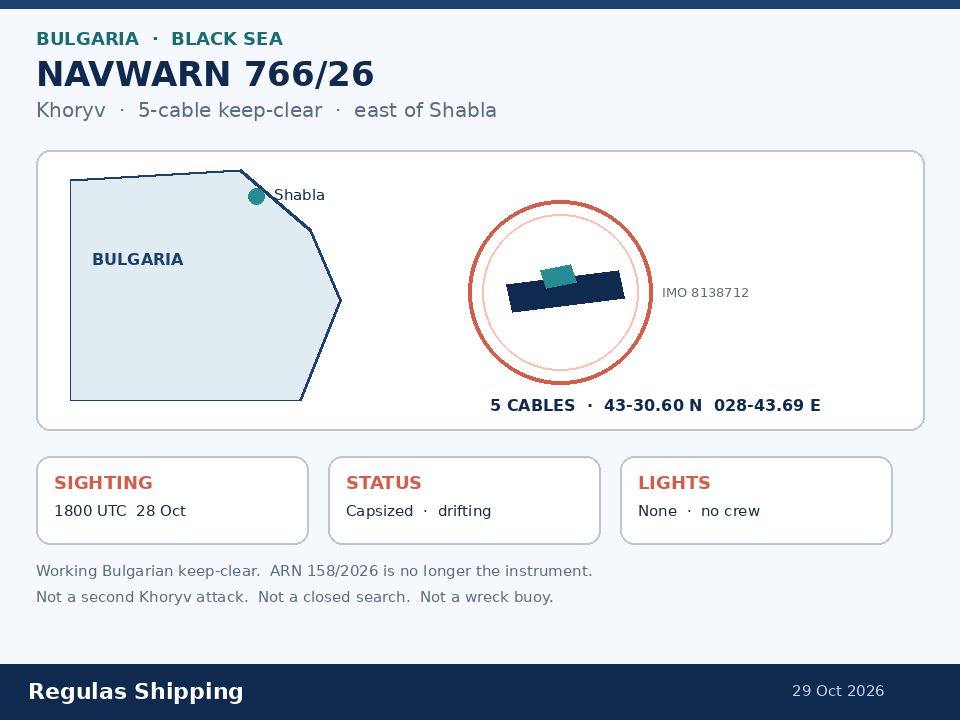 Light-theme chart of NAVWARN 766/26 Khoryv 5-cable keep-clear east of Shabla