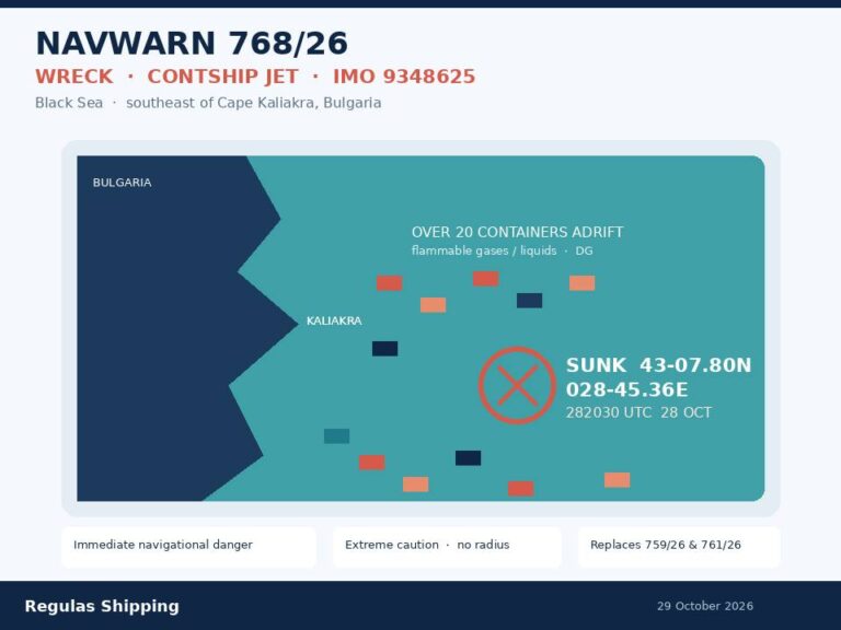 NAVWARN 768-26 records Contship Jet sunk southeast of Kaliakra