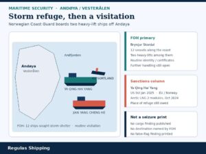 Light-theme Regulas diagram of two heavy-lift ships off Andoya during a Coast Guard visitation