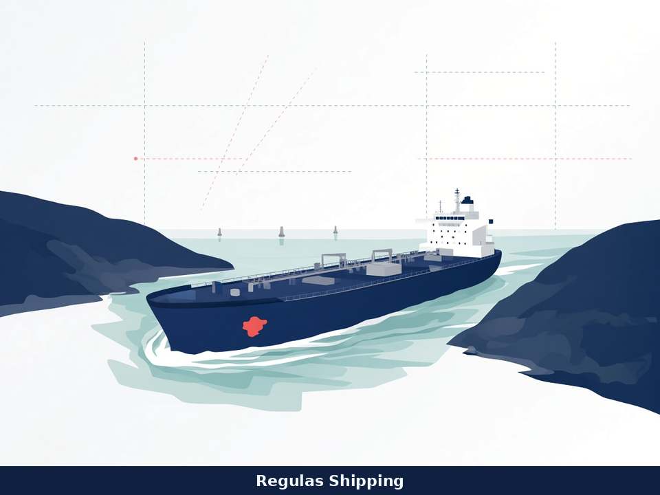 Light-theme illustration of an outbound tanker in a strait, Regulas Shipping