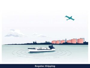 Light-theme illustration of a coastal tanker at an industrial anchorage, Regulas Shipping