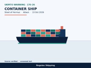 Vector diagram of a container ship labelled UKMTO Warning 170-26, Strait of Hormuz, with a Regulas Shipping footer