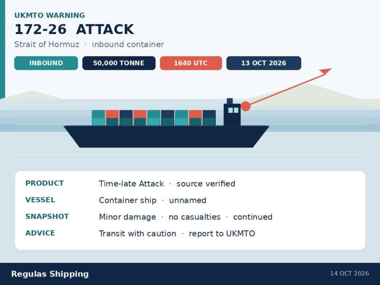 UKMTO logs an inbound Hormuz container-ship hit after Warning 172-26