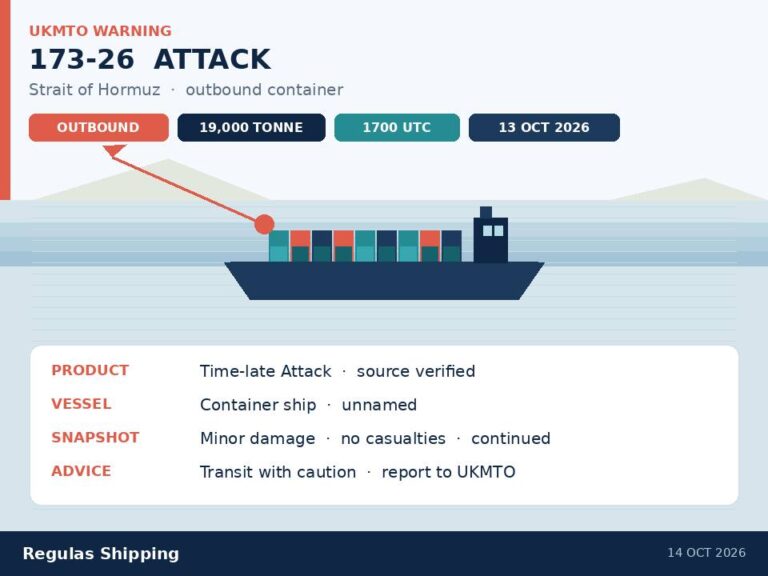 UKMTO logs an outbound Hormuz container-ship hit after Warning 173-26