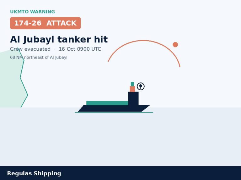 UKMTO 174-26 records a Jubayl tanker hit and a crew evacuation