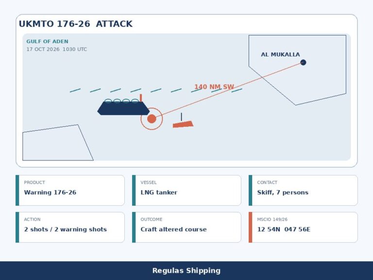UKMTO 176-26 records an LNG tanker skiff attack off Al Mukalla