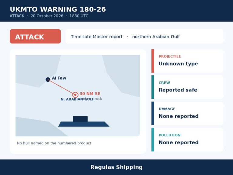 UKMTO 180-26 records a tanker projectile strike off Al Faw