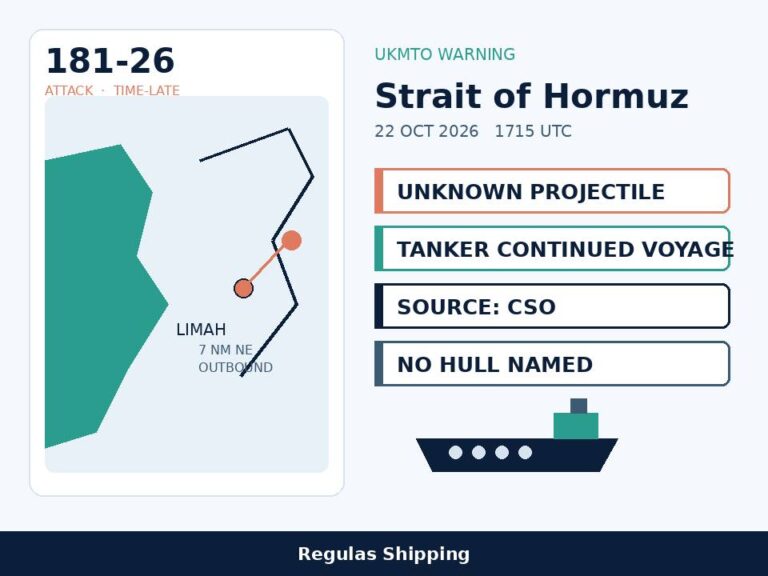 UKMTO 181-26 records a Limah tanker hit on an outbound Hormuz transit