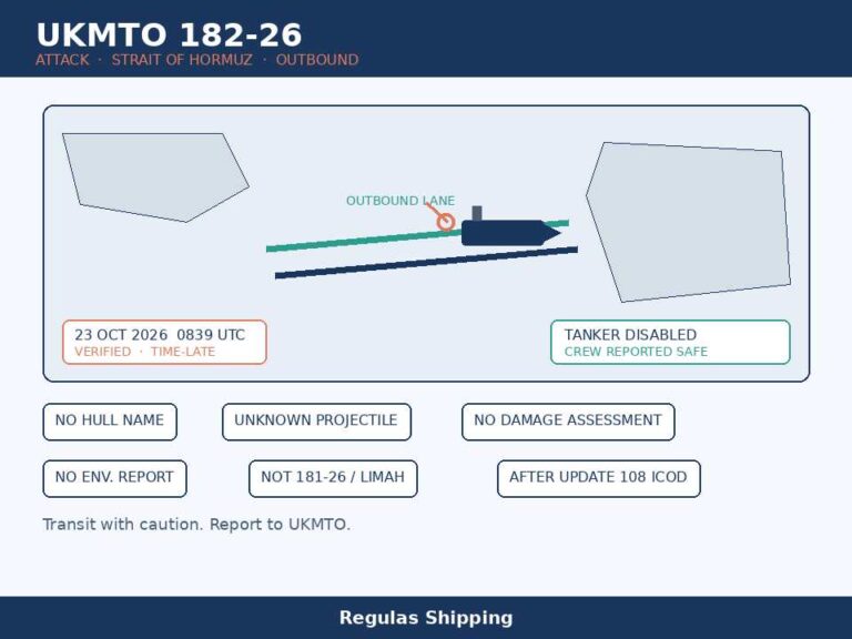 UKMTO 182-26 records an outbound Hormuz tanker disabled by a projectile