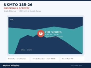 UKMTO 185-26 vessel fire 9 NM north of Khasab — Regulas Shipping