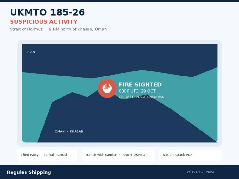 UKMTO 185-26 records a vessel fire 9 NM north of Khasab