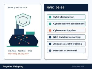 Light-theme schematic of US Coast Guard NVIC 02-26 cybersecurity plan, assessment and CySO requirements. Regulas Shipping.